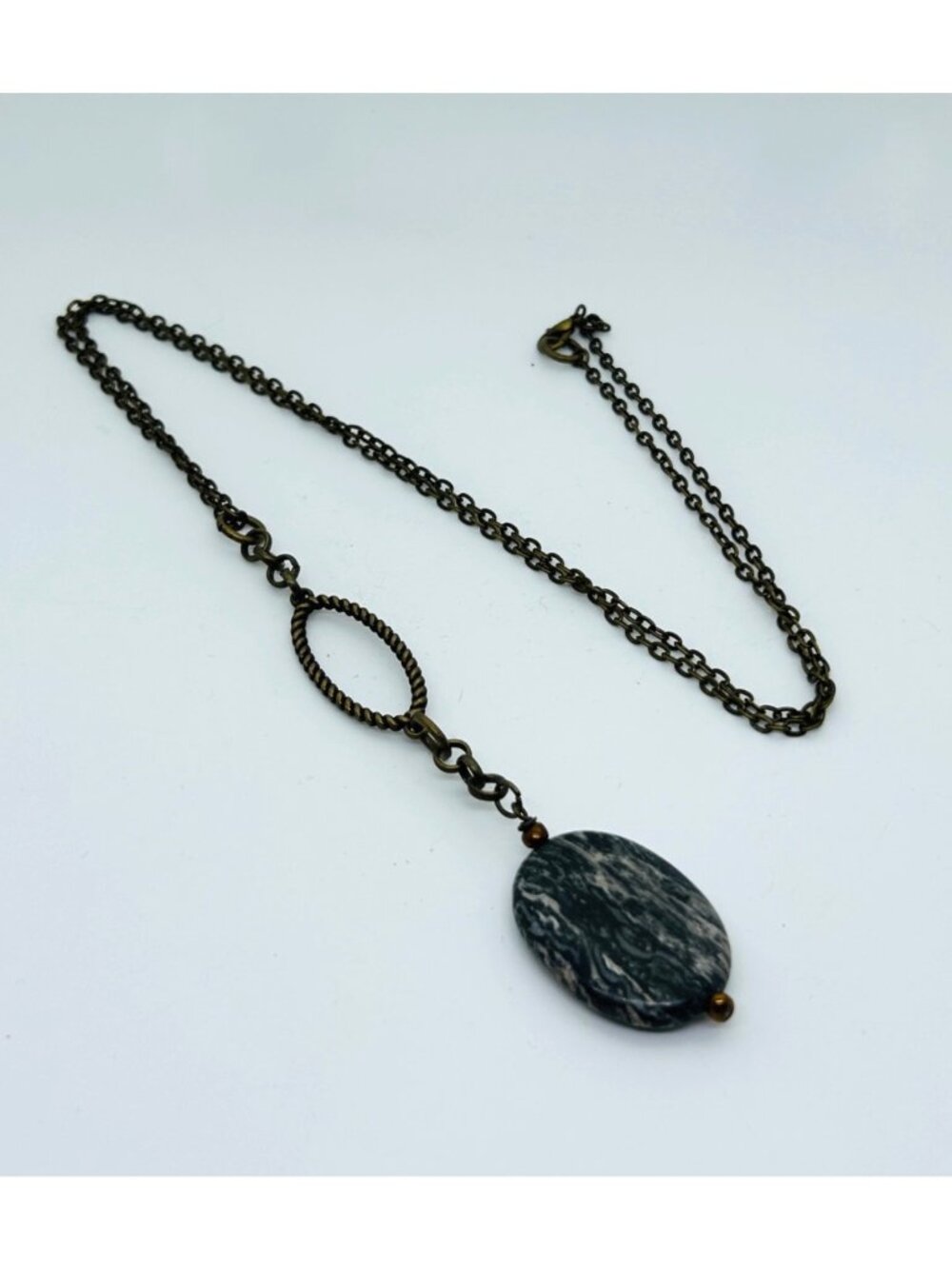 Vintage Bronze color Jasper Agate Pendant Necklace Chain Oval Bohemian Gothic